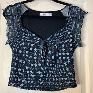 Twik Simons Star Mesh Crop Top Black Blue Sheer Sleeves Party Top L